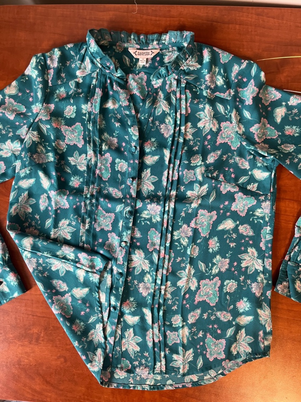 Nanette Lepore Teal Floral Pintuck Ruffle Neck Peasant Blouse 🌼 Lightweight